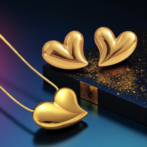 ๐Romantic Puffy Heart Necklace & Earrings Set 18K Gold Plated Stainless Steel - Picture 17 of 17